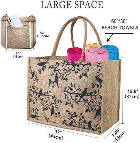 Beegreen burlap tote торба јута торба со плажа со ламинат ентериер и внатрешен џеб за патент за наставници Денот на мајката 17