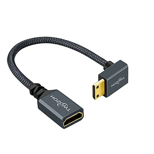 Twozoh Up Angled Mini HDMI до HDMI адаптер Кабел 0,6ft, најлонски плетенка од 270 ° степени машки мини HDMI до женски HDMI продолжен