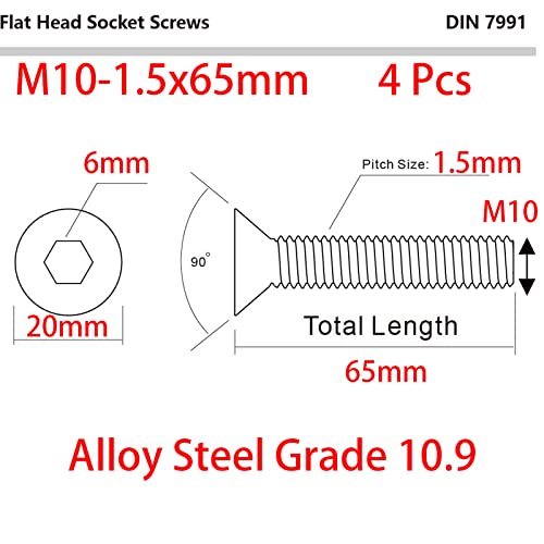 M10-1,5 x 65мм рамни завртки за капакот на капакот на главата, легура од челик 10,9, ДИН 7991, црн оксид, ален хексадецимален погон,