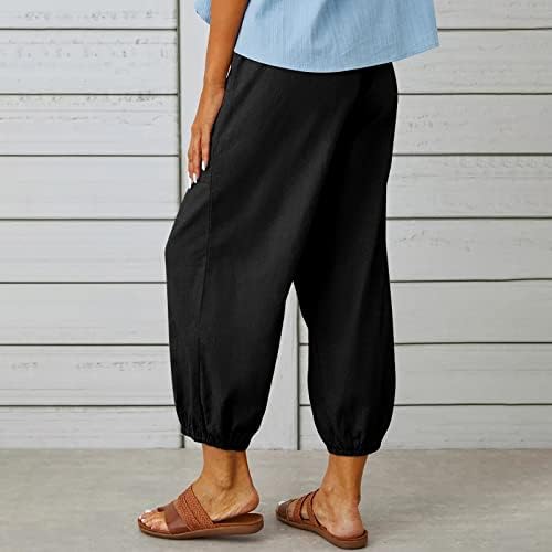 Памучни постелнини панталони за жени, влечење со високи половини со широки нозе, лабава вклопена во каприс удобни модни лаги