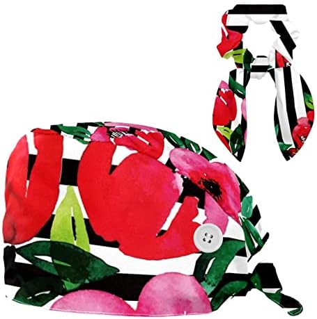 Акварел црвена цветна црна бела лента Работни капачиња со копче за вртење на грбот со џемпер и ласкава коса