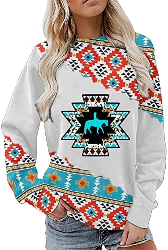 Ацтек печати џемпер за жени со екипаж облека од кукавица за западен етнички стил геометриски печатен обичен пуловер