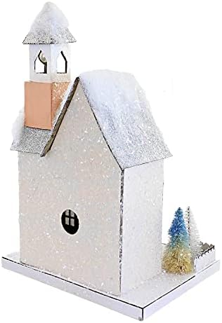 Божиќна зимска земја црковна хартија Путл село светло ретро - 1 куќа во стилот на путс Божиќна декорација 14,0 инчи - hou274 - бело