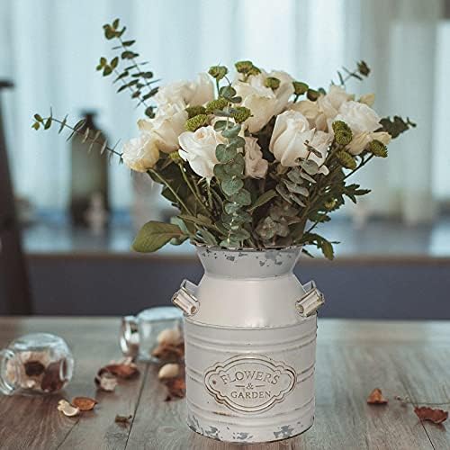 Гроздобер метална цветна вазна, метално галванизирано млеко може бела фарма куќа вазна декор со рачка за домашна декорација ， 7,5 инчи ч
