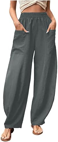 Lcиво женски постелнина панталони лето случајна исечена еластична половината широка лабава работа дневна дневна панталона со џебови