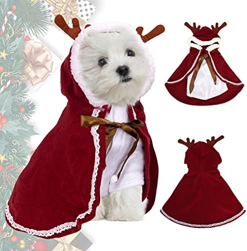 Божиќен Костим за кучиња, Облека Од Кејп На Ирваси Од Миленичиња Ноблеза Со Капа Од Рогови Од Елен, Мека И Густа Црвена Поларна Руно Мачка