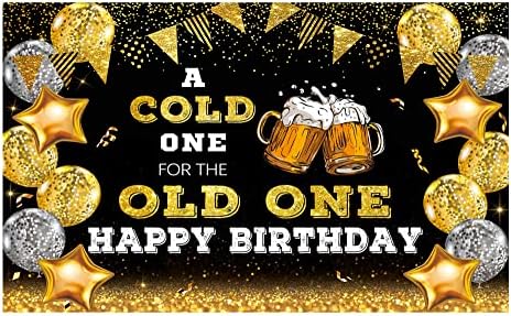 Allenjoy 70.8 x 43.3 Happy Birthday Backdrop for Men A Cold One for The Old One Black and Gold Photography Background 30th 40th