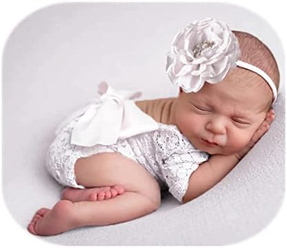 Новороденчиња за бебиња фотографии со цветни ленти за глава и чипка ромпер -каросерија плетени облеки за фотографија со фотографија од девојки