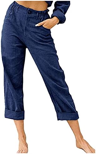Wybaxz 2023 летни обични панталони Капри за жени ситни копче со високи памучни панталони за половини за жени за жени тенок фит панталони