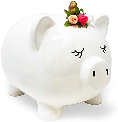 Исак Jacејкобс Керамички Пигинн пари банка, Симпатична свинче банка, принцеза Унирог свиња со цветен венец, декор за девојчиња, детски цртан