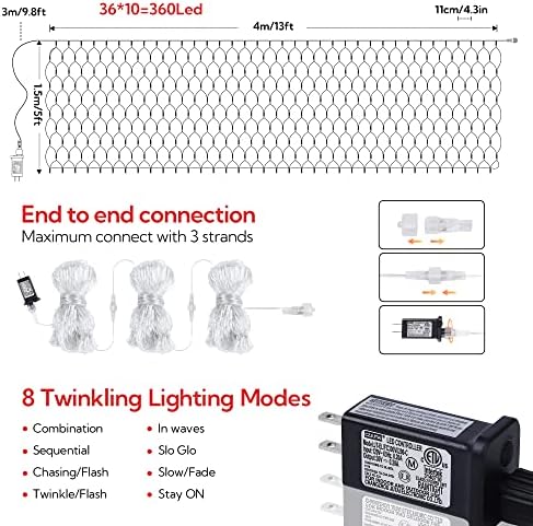 Shinymolly на отворено Божиќни мрежни светла, 13ftx5ft 360 LED LID Fairy String Light со 8 режими на осветлување, конективна светлина за грмушки