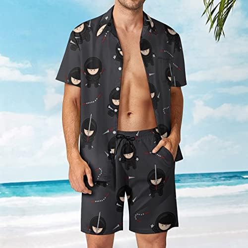 Нинџа машка 2 парчиња облека на плажа на Хавајско копче надолу со кошула со кратки ракави и костуми за шорцеви