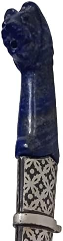 Нож за гроздобер винтиџ на винтиџ: антички тигар дизајн, врежан во камен лазис лазули, челична сечило на Дамаск, Сребрена шуга од вметнување, 9