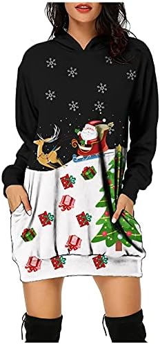 Облечи за нова година за жени Божиќна женска вратоврска печатена џемпер со џокери со качулка пулвер фустан врвни џемпери врвни