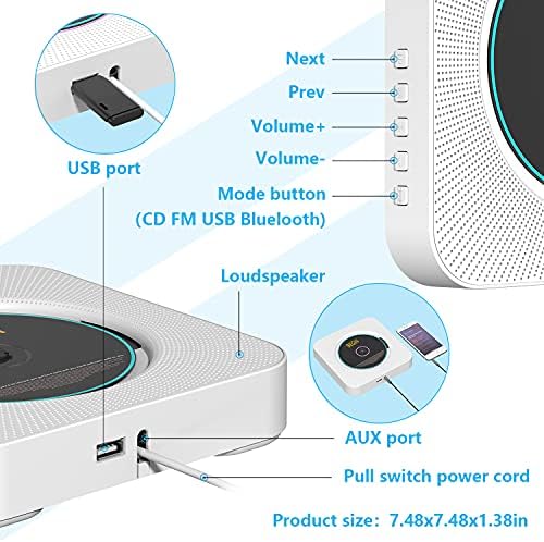 Преносен ЦД плеер AONCO, Bluetooth wallид монтиран ЦД музички плеер дома аудио звучник, со далечински управувач FM радио вграден HIFI