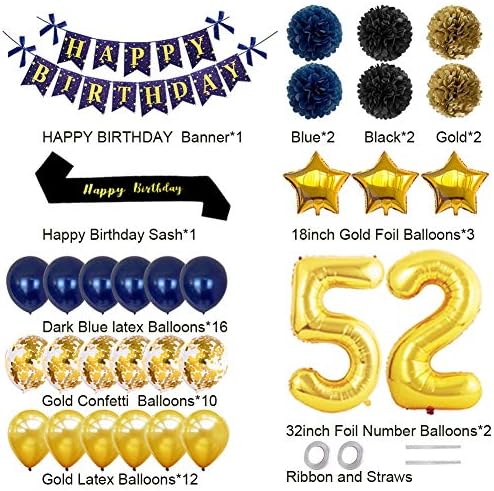Јуџијасамо 52 Декорации За Роденденски Забави - Среќен Роденден Банер Златен Број 52 балони Среќен Роденден Појас Латекс И
