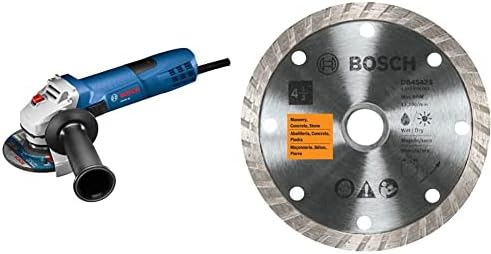 Bosch 4-1/2 инчен агол мелница GWS8-45 со Bosch DB4542S 4-1/2-инчен турбо раб од дијамант, сребро