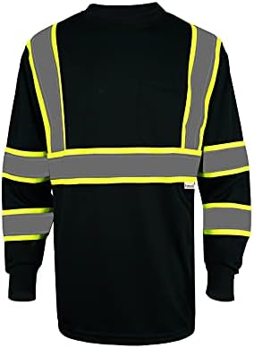 Померол Долг ракав Безбедност кошула со висока видливост рефлексивни 3 пакувања што дишат црна унисекс безбедносна маица со hi-vis лента и преден