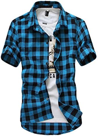Ubst Mens Провери обични кошули лето копче за краток ракав надолу со карирана кошула младост тенок фит моден фустан кошули врвови