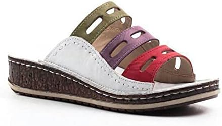 Жени влечки мода мешана боја на боја на клинови потпетици дебели единствени сандали летни обични лизгачи на отворено