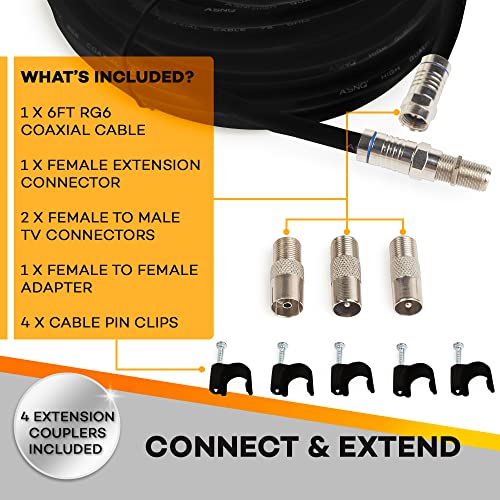 Коаксијален кабелски конектор ASNQ RG6 сет 75 OHM - Премиум Coax кабел со голема брзина 6FT - за Интернет, дигитална телевизија, сателитски