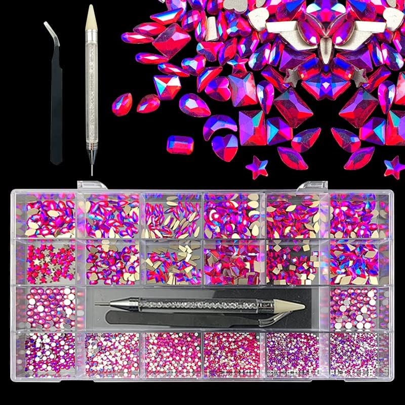 3100pcs Кристални ригистони постави мулти -облици AB стаклени нокти уметност дијамантски рамни декори на ригини со комплет за
