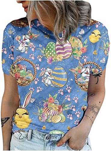 Шарени зајаче јајца печати Велигденска маица за жени смешни празнични кошули со тркалезни ракави на вратот графички матични летни врвови