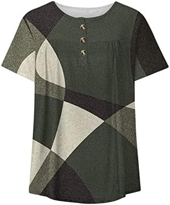 Женски кошули трендовски плус големина краток ракав против вратот Туника врвови лабави лежерни кошули Контраст во боја геометриски принт