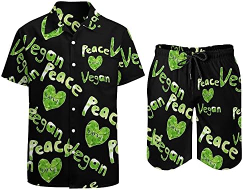 Мир Loveубов вегански машки 2 парчиња облека на плажа на Хавајски копче надолу со кошула со кратки ракави и шорцеви костуми