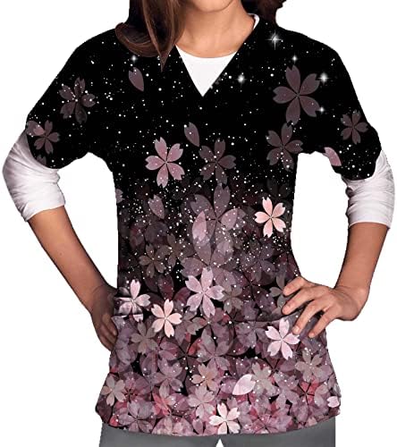 Caseенски обичен работна облека мода цветни печатени печатени врвови на туники против кратки ракави за кратки ракави со џебови со џебови