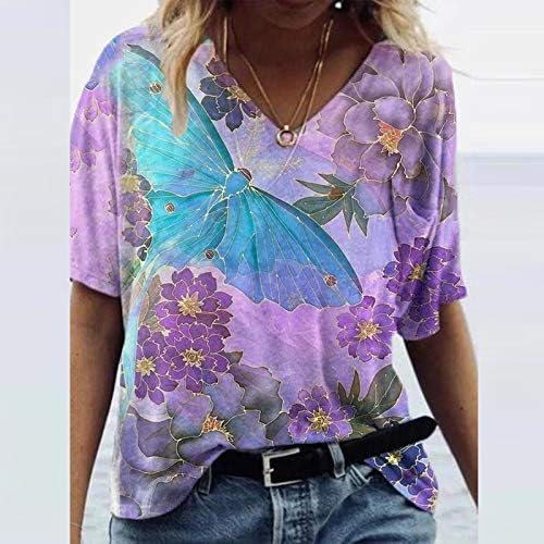 Летни Врвови За Жени Обични Кратки Ракави V Вратот Блуза Мода Цвет Печатење Маица Преголеми Летни Врвови Плус Големина