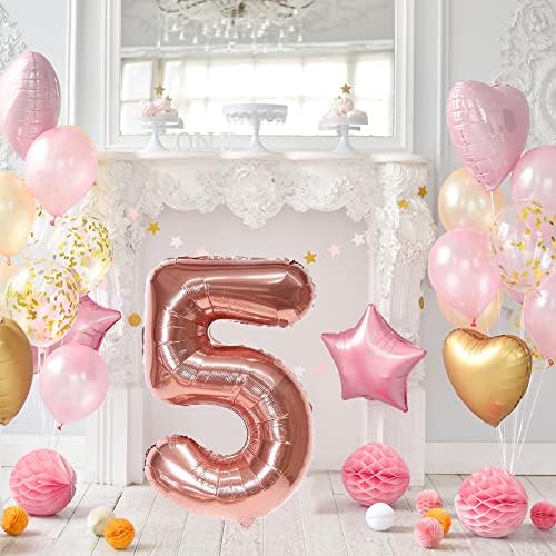 DBMOON 40 розово злато број 5 балон за украси за 5-ти роденденски забави, големи балони со број на хелиум фолија 0-9 за возрасни