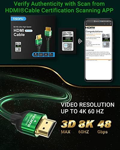 Тисофу [Ултра Сертифициран 8K HDMI Кабел 6FT: HDMI 2.1 Кабли 48Gbps Со Голема Брзина Премиум Плетен Кабел 8K@60Hz 4K@120hz 4K@144hz HDCP 2.2&засилувач;