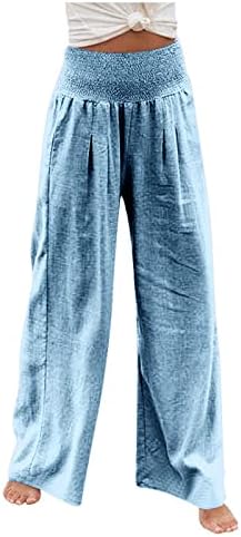 Lcepcy со висока половината лабава панталони женски удобни памучни постелнина за дишење лесни летни салон панталони со џебови