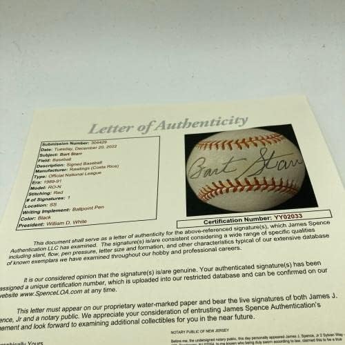Барт Стар потпиша бејзбол на Националната лига Грин Беј Пакер НФЛ hof jsa coa ретки - NFL автограмирани разни предмети