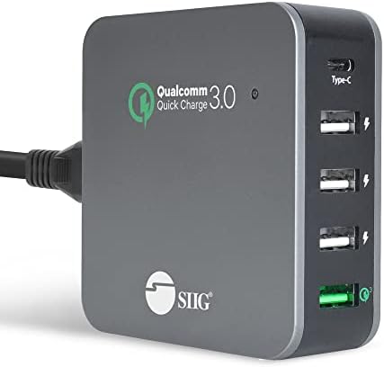 Siig USB C полнач 5 порта 45W со брзо полнење 3.0, USB тип C & QC 3.0 станица за полнење на десктоп Плус Стенд за организатор на телефон / таблети-Црна