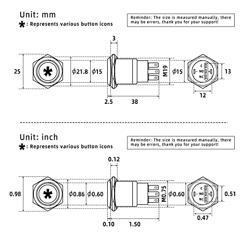 OSXCAUES 19мм за заклучување на металното копче за копче за метално копче со рамен копче со предводен и LED LED и LED Триаголник