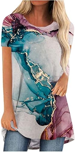 Врвови за жени, женски 2023 маици со краток ракав летен круг на вратот проточна маица лабава туника врвови обични блузи