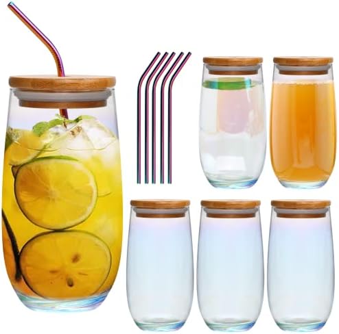 Ufrount highball чаши сет од 6, високи чаши за стакло за пиење со капаци и сламки, 16 мл iridescent стаклени чамци за стаклени чамци за коктел, сок, виски, пиво, сода