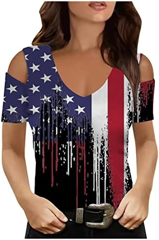 Женски ладно рамо на 4-ти јули врвови на маица со знаме на САД 2023 Патриотски кошули исечени кратки ракави одмори блуза