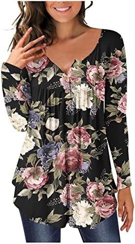 GATXVG 2022 Флорална туника Хенри Топ за жени со долг ракав со долги ракави на вратот со долги ракави на еластични кошули со блуза,