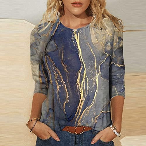 Симпатични жени 3/4 ракави кошули со маици Обично лето 2023 година Трендовски основни врвови на мермер Графичка блуза за печатење мермер