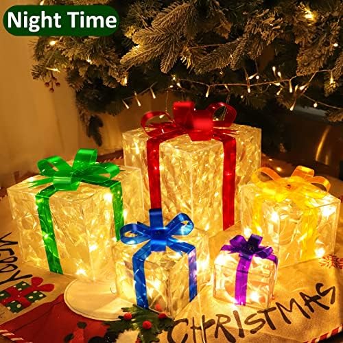 [Екстра големи и 5 пакувања] Божиќни украси Осветлени кутии за подароци 12 -8 -6 -5 -4 , 80 LED адаптер напојувајќи ја транспарентна сегашна