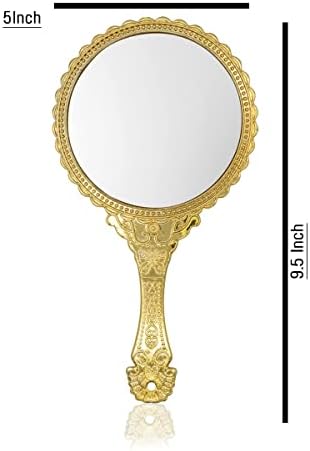 Сахели 11,5 инчи рачно огледало, рачно огледало со рачка, преносно огледало, лична шминка пластична тркалезна огледало - злато