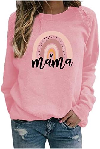 Женска маичка Мама буква виножито печати графички кошули со долг ракав екипаж врат мајка пуловер плус големина врвна блуза