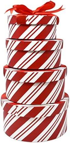 Божиќни Тркалезни Кутии За Подароци За Гнездење 4 Пакувајте Црвено Бели Бонбони Трска Дизајн Божиќна Наредена Кутија За Колачиња Со
