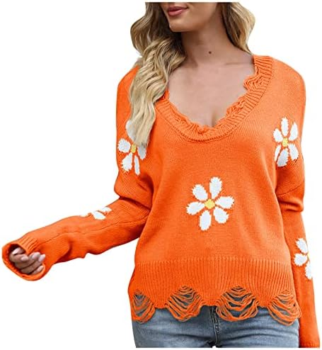 Џемпери за жени цветни печати со долг ракав V-врат пулвер џемпер плетена swaeatshirt Неправилна врвови на скокачот на полите