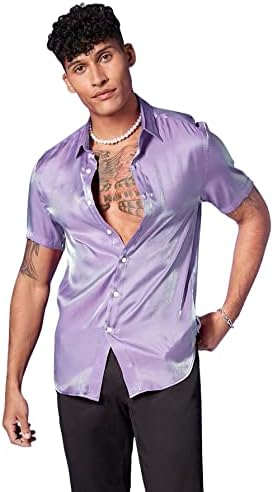 Горглитер, светла свила од свила со кратки ракави, кошули со лекови за сатенска кошула за забава, матурска кошула