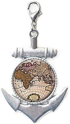 HandcraftDecorations Map Anchor Zipper Zipper Suct-World Map Jewelry-Globe Anchor Zipper Zipper Surl-World Globe Lobster Class-Globe
