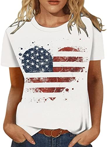 Womenенски 4 -ти јули на врвот на маичките на врвовите на starsвездите со лента со знамето на денот на независноста Топ кошула лето кратки